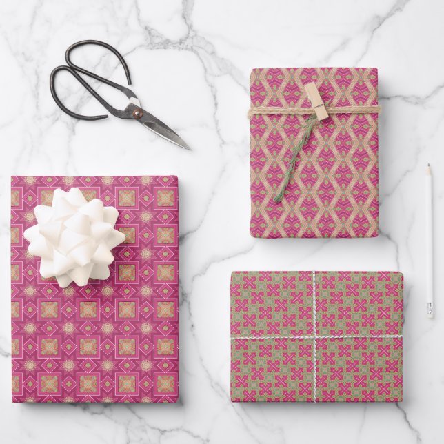 Geometrisches Lila grünes Set Geschenkpapier Set (Vorderseite)