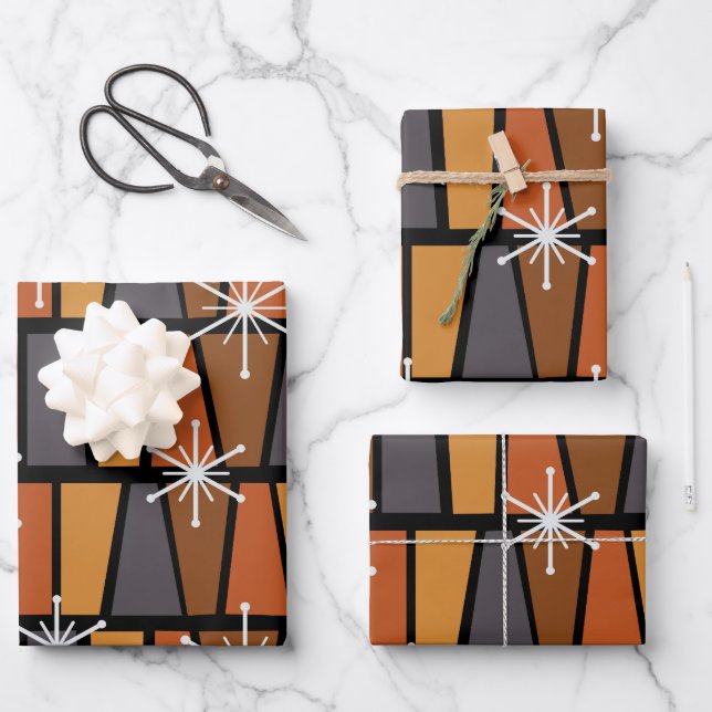 Geometrisches MCM Abstrakt Burnt Orange Geschenkpapier Set (Vorderseite)