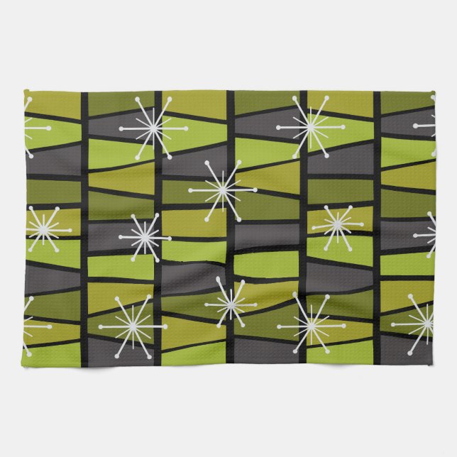 Geometrisches MCM Abstraktes Olive Green Geschirrtuch (Horizontal)