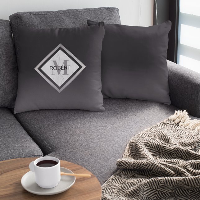 Geometrisches mit Monogramm schwarzes Silber Kissen (Von Creator hochgeladen)