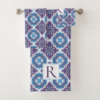 Geometrisches Mittelmeer-Blau-Violett-Muster Badhandtuch Set