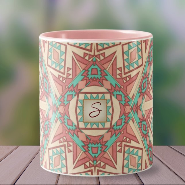 Geometrisches Modern Südwest Muster Monogramm Zweifarbige Tasse (Von Creator hochgeladen)