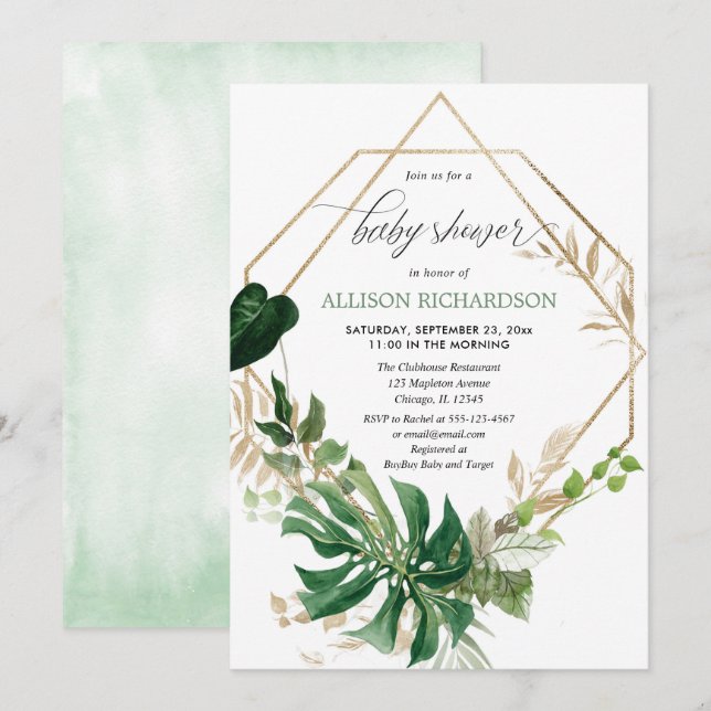 Geometrisches, modernes Grüngold geschlechtsneutra Einladung (Vorne/Hinten)