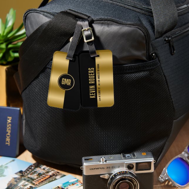 Geometrisches, modernes Monogramm aus Gold und sch Gepäckanhänger (Vorderseite & Rückseite)