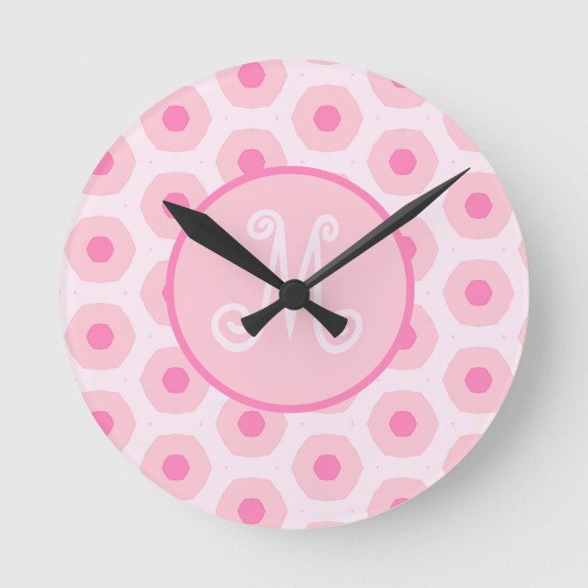 Geometrisches Monogramm für moderne rosa Schaltpun Runde Wanduhr (Vorderseite)