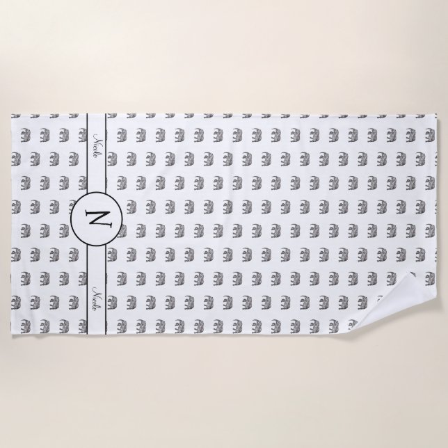 Geometrisches Monogramm, schwarz und weiß Strandtuch (Vorderseite)