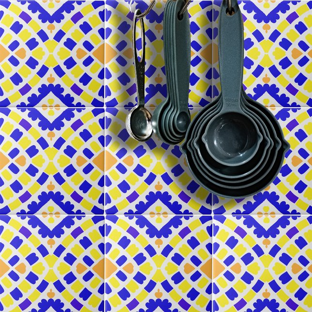 Geometrisches Mosaikblau-orange-gelbes Muster Fliese (Von Creator hochgeladen)