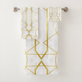 Geometrisches Muster aus weißem Marmor und Gold Badhandtuch Set