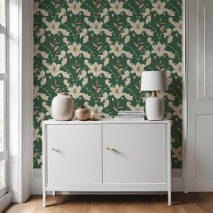 Geometrisches Muster der Blume Grün-Beige Lilie Tapete