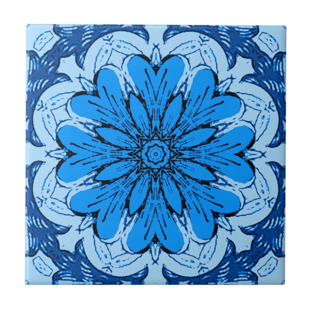 Geometrisches Muster der Blume in Cerulean & Light Fliese (Vorderseite)