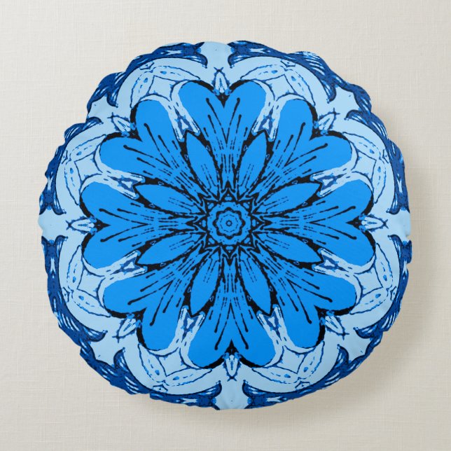 Geometrisches Muster der Blume in Cerulean & Light Rundes Kissen (Vorderseite)