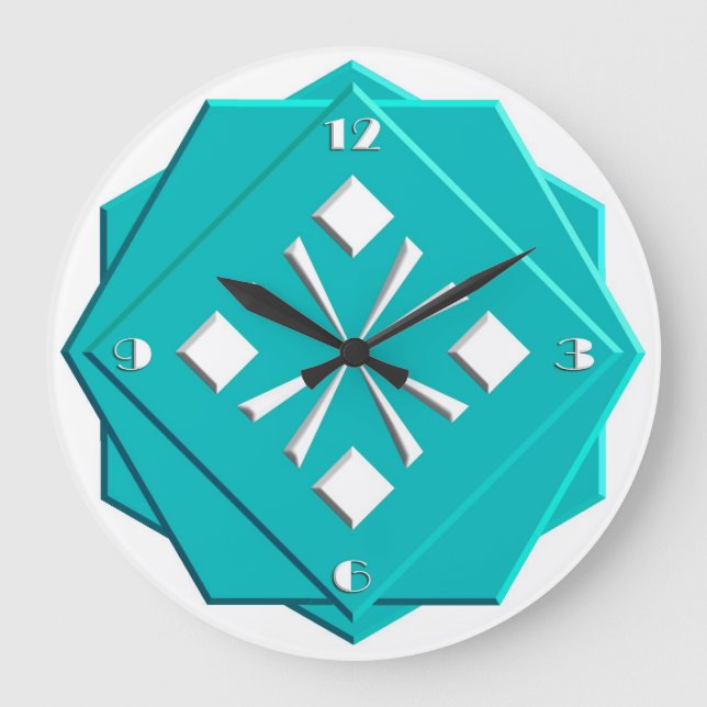 Geometrisches Muster des Kunst-Dekotürkisblaus Große Wanduhr (Vorderseite)