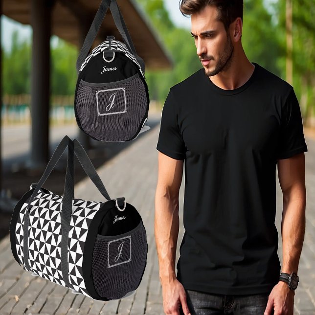 Geometrisches Muster des weißen Schwarzen Monogram Duffle Bag (Soccer Boys Geometric Pattern White Black Monogram Duffle Bag)