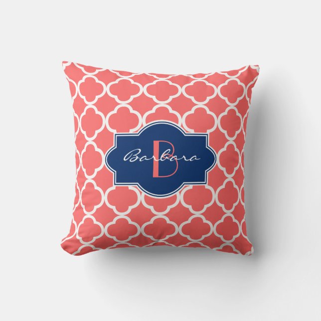 Geometrisches Muster für Korallen und Weißquatrefo Kissen (Vorderseite)
