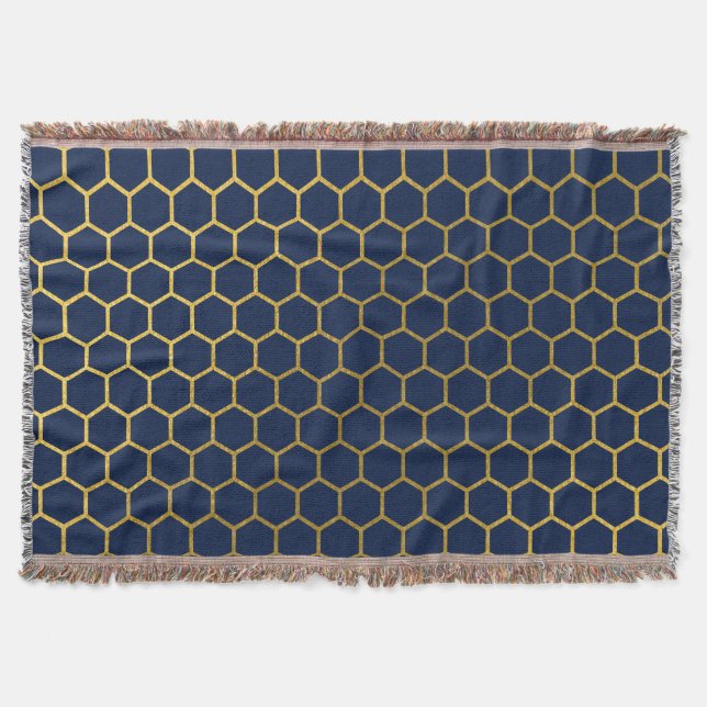 Geometrisches Muster für Navy Blue & Gold Hexagon Decke (Vorderseite)