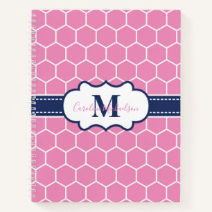 Geometrisches Muster für rosa und navy Monogram Notizbuch