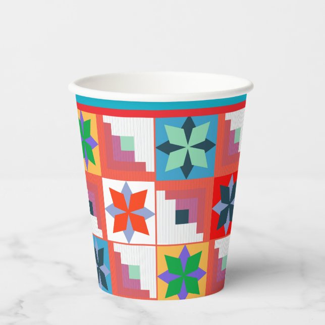 Geometrisches Muster, mehrfarbiges Patchwork Pappbecher (Vorderseite)
