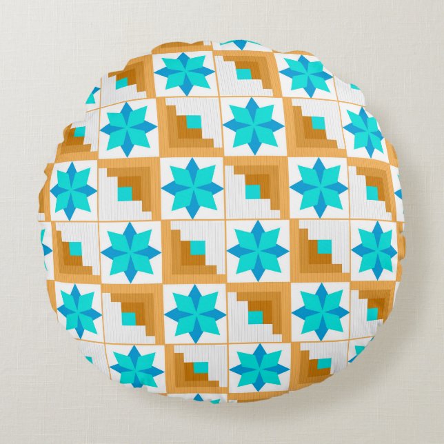 Geometrisches Muster, mehrfarbiges Patchwork Rundes Kissen (Vorderseite)