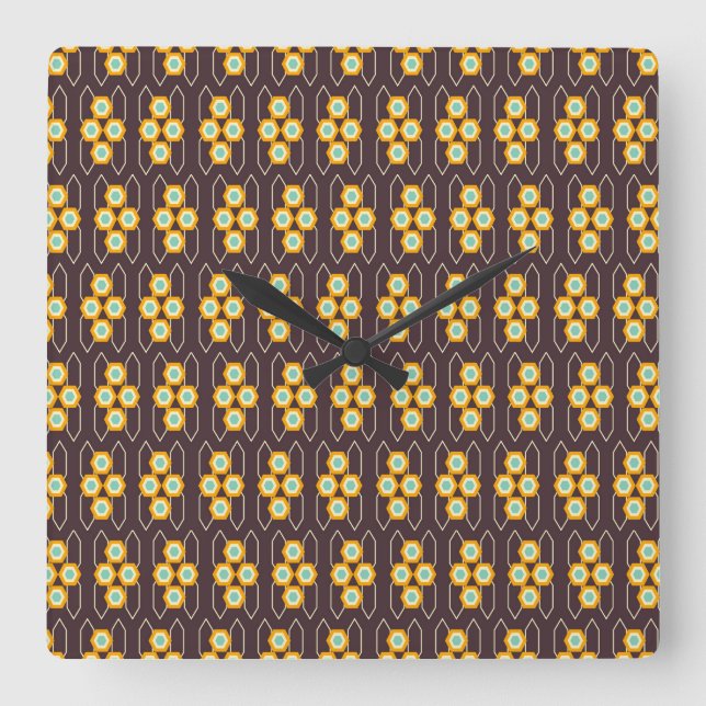 Geometrisches Muster mit orangefarbenen und blauen Quadratische Wanduhr (Vorderseite)