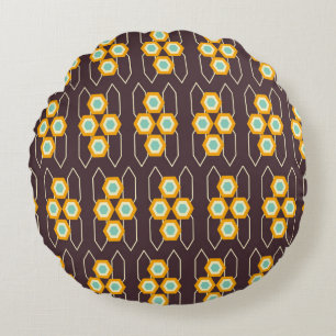 Geometrisches Muster mit orangefarbenen und blauen Rundes Kissen