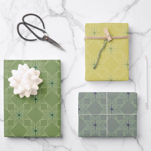 Geometrisches Muster | Salbei, Senf und Grau Geschenkpapier Set (Vorderseite)