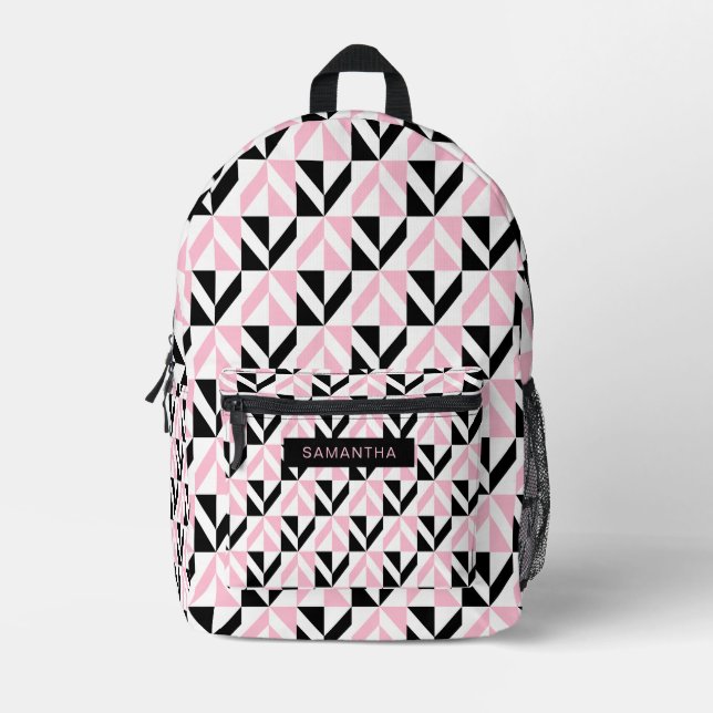 Geometrisches Muster Schwarz, Weiß und Rosa Bedruckter Rucksack (Vorderseite)