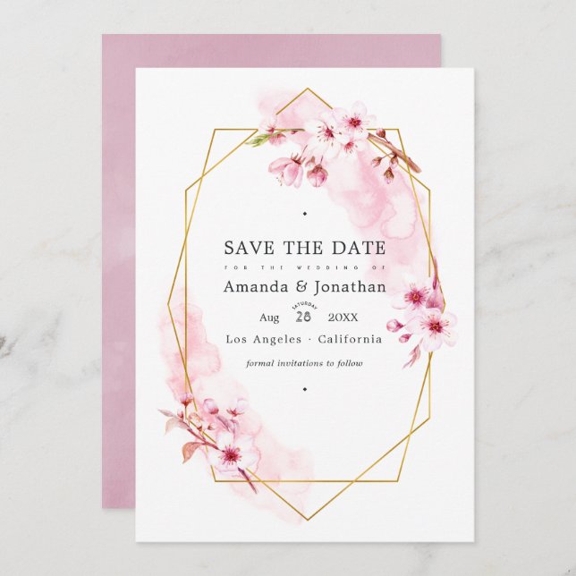 Geometrisches Pink Spring Cherry Blossom Wedding F Save The Date (Vorne/Hinten)