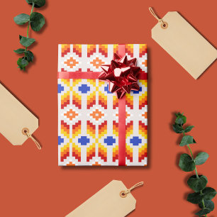 Geometrisches Pixel-Blumenmuster in Rot Orange Gel Geschenkpapier