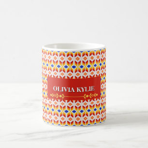 Geometrisches Pixel-Blumenmuster in Rot Orange Gel Kaffeetasse