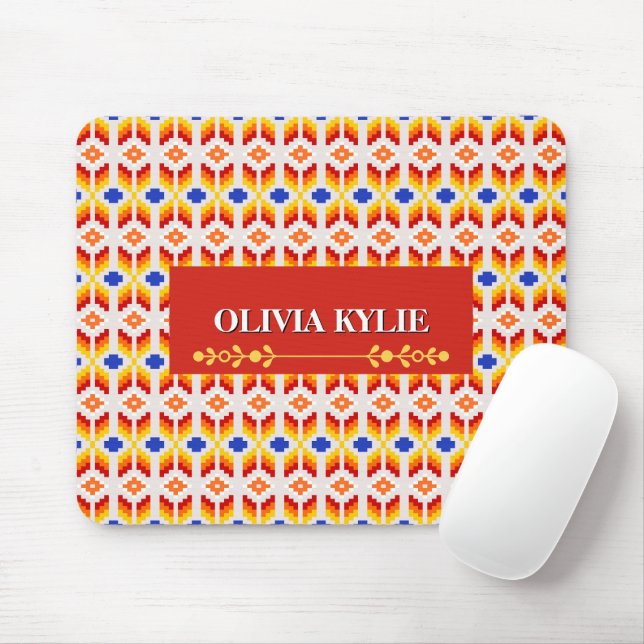 Geometrisches Pixel-Blumenmuster in Rot Orange Gel Mousepad (Mit Mouse)