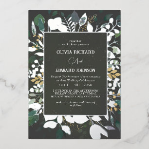 Geometrisches Rahmen grün und goldfarbene Blätter  Folieneinladung