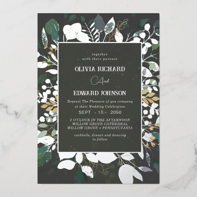 Geometrisches Rahmen grün und goldfarbene Blätter  Folieneinladung (Vorderseite)