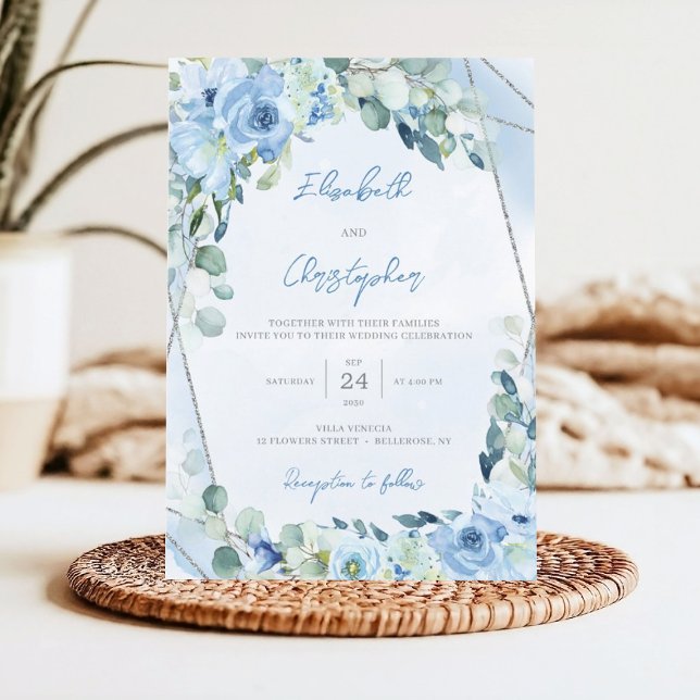 Geometrisches RahmenWedeln mit dunkelblauem Floral Einladung (Winter blue flowers mixed eucalyptus greenery and silver glitter frame wedding invitation)