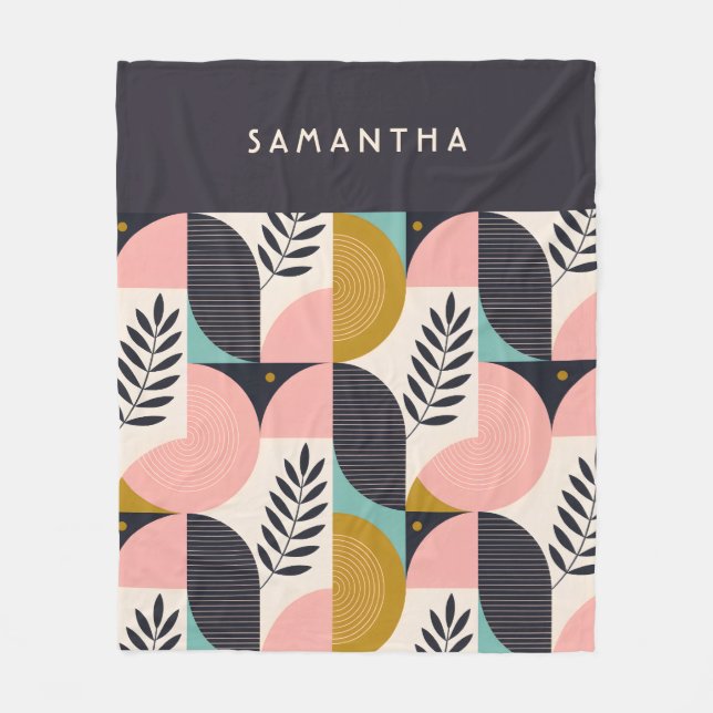 Geometrisches Retro-Blattmuster stilvoll monogramm Fleecedecke (Vorderseite)