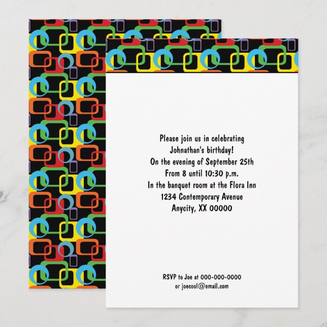 Geometrisches Retro-mehrfarbiges Muster zum Geburt Einladung (Vorne/Hinten)