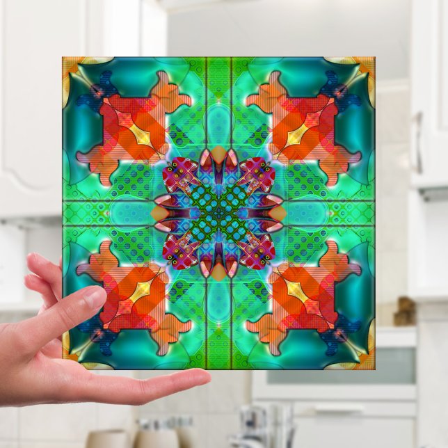 Geometrisches Retro Psychedelic Kaleidoskop-Tile Fliese (Tile featuring a unique geometric abstract kaleidoscope pattern in vibrant colors)