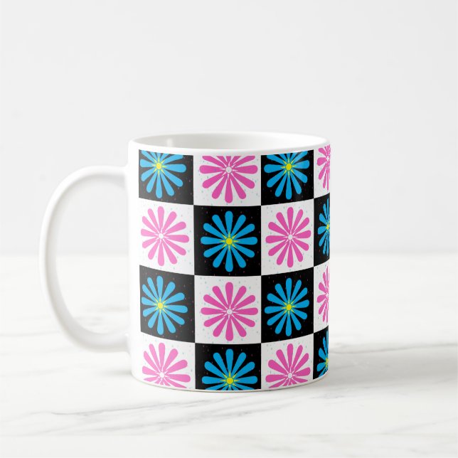 Geometrisches rosa blaues Blumenmuster Kaffeetasse (Links)
