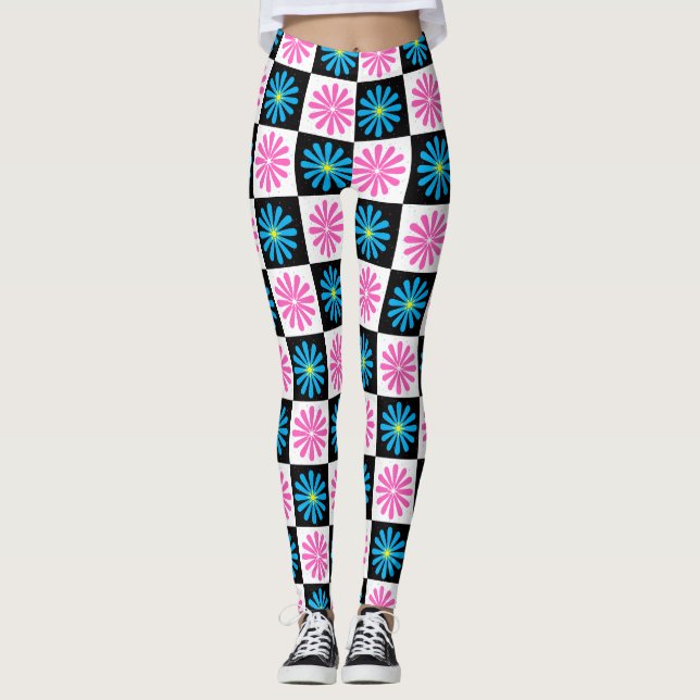 Geometrisches rosa blaues Blumenmuster Leggings (Vorderseite)