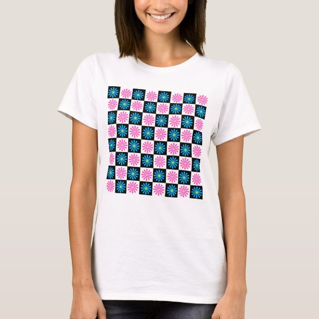 Geometrisches rosa blaues Blumenmuster T-Shirt (Vorderseite)