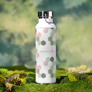 Geometrisches Rosa & Grün Wabenmuster   Monogramm Trinkflasche