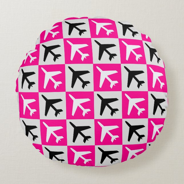 Geometrisches rosa Luftfahrzeug Rundes Kissen (Vorderseite)