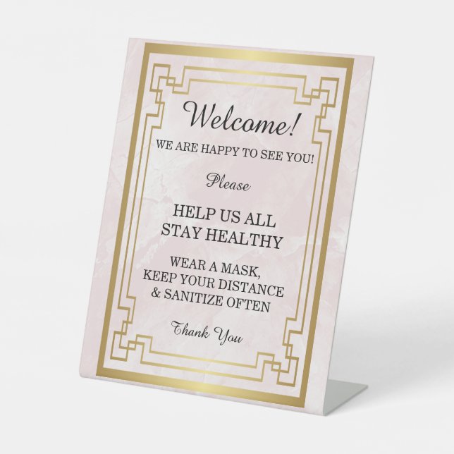 Geometrisches rosa Marmorhochzeitgerät Sockelschild (Vorderseite)