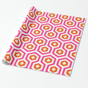 Geometrisches rosa Orange Hexagon und Kreuzmuster Geschenkpapier