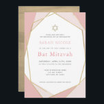Geometrisches Rosa und Gold Bat Mitzvah Einladung<br><div class="desc">Diese moderne und schicke Bat Mitzvah-Einladung besticht durch einen weißen Hintergrund mit goldenen geometrischen Rahmen in Imitaten in Rosa. Auf der Rückseite befindet sich ein goldener Hintergrund für Imitate. Ändern Sie die Hintergrundfarbe und personalisieren Sie sie für Ihre Bedürfnisse. In meinem Geschäft finden Sie passende Produkte.</div>