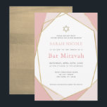 Geometrisches Rosa und Gold Bat Mitzvah Einladung<br><div class="desc">Diese moderne und schicke Bat Mitzvah-Einladung besticht durch einen weißen Hintergrund mit goldenen geometrischen Rahmen in Imitaten in Rosa. Auf der Rückseite befindet sich ein goldener Hintergrund für Imitate. Ändern Sie die Hintergrundfarbe und personalisieren Sie sie für Ihre Bedürfnisse. In meinem Geschäft finden Sie passende Produkte.</div>