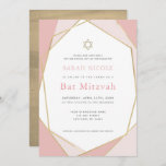 Geometrisches Rosa und Goldbarsch Mitzvah Einladung<br><div class="desc">Dieses moderne und schicke Bat Mitzvah-Einladung verfügt über einen weißen Hintergrund mit Imitaten goldgeometrischen Rahmen in rosa. Auf der Rückseite befindet sich ein goldener Hintergrund von Imitaten. Ändern Sie die Hintergrundfarbe und personalisieren Sie sie für Ihre Bedürfnisse. In meinem Geschäft finden Sie passende Produkte.</div>