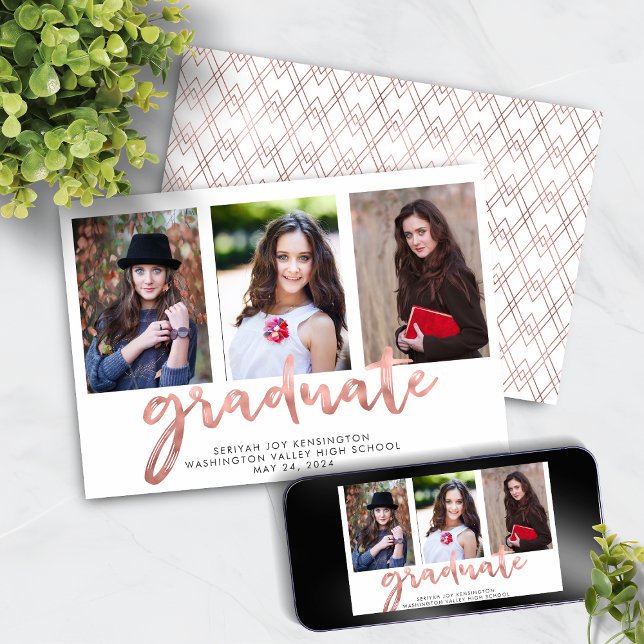 Geometrisches Rose Gold Handgeschriebenes Abschlus Ankündigung (Geometric Rose Gold Handwritten Graduation Photo Announcement with Instant Download)
