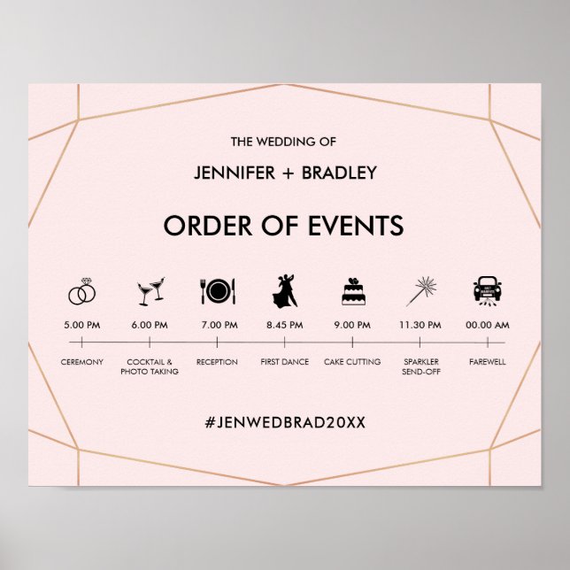 Geometrisches Rose Gold Wedding Timeline-Zeichen Poster (Vorne)