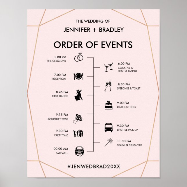 Geometrisches Rose Gold Wedding Timeline-Zeichen Poster (Vorne)