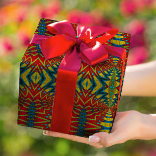 Geometrisches Rot Blau & Gelb Vintage Stammes Ethn Geschenkpapier
